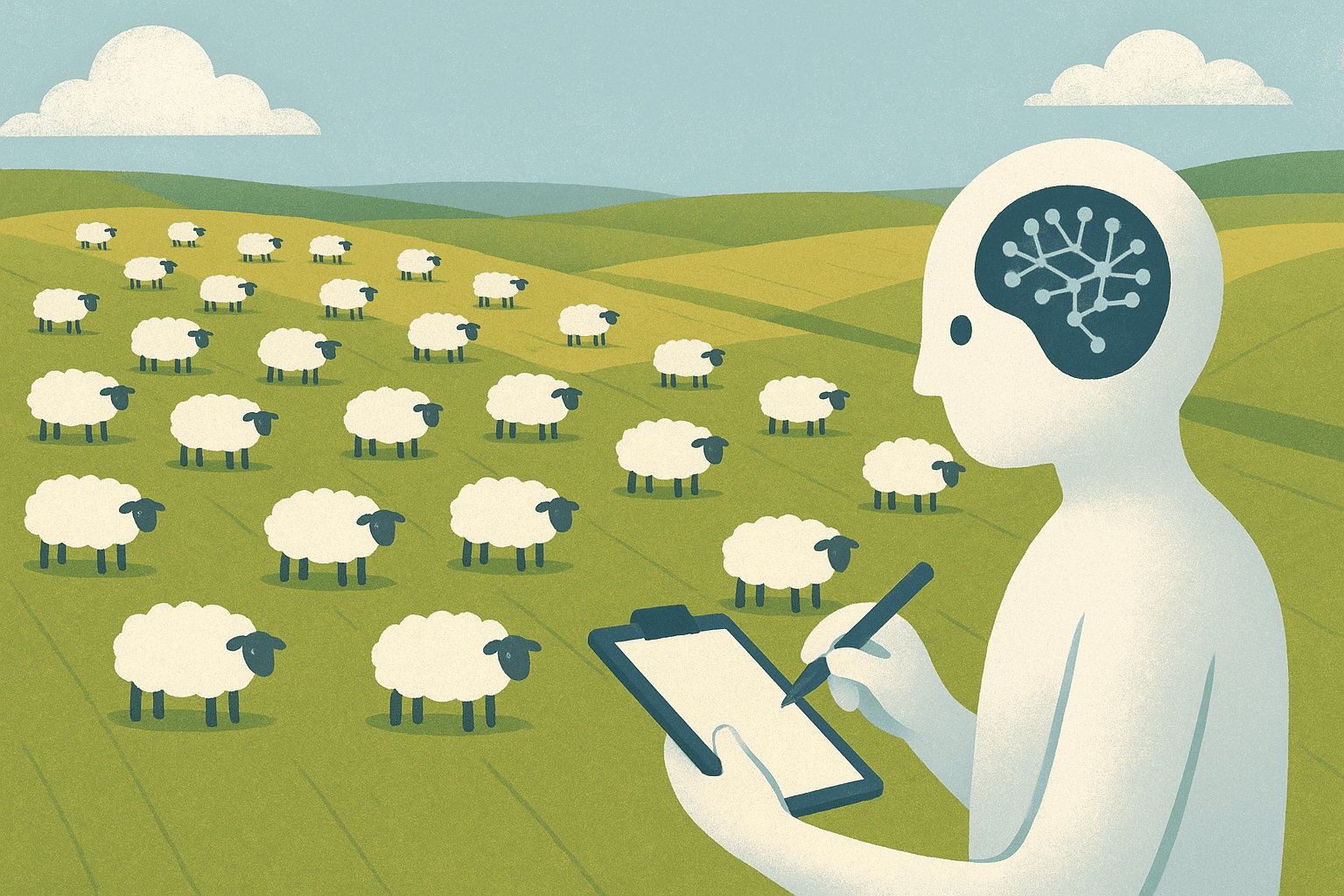 A figure with a brain-like design is observing a flock of sheep in a green field while taking notes on a clipboard. The scene combines elements of technology and nature.
