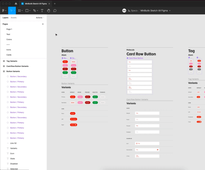 Screenshot of a user interface design layout with various button styles and card row button configurations displayed in Figma.