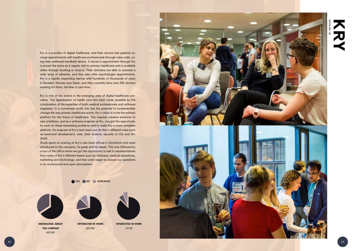 People in a bright corridor engaged in conversation, with some standing and others sitting, while charts and text are presented on a side to the left.