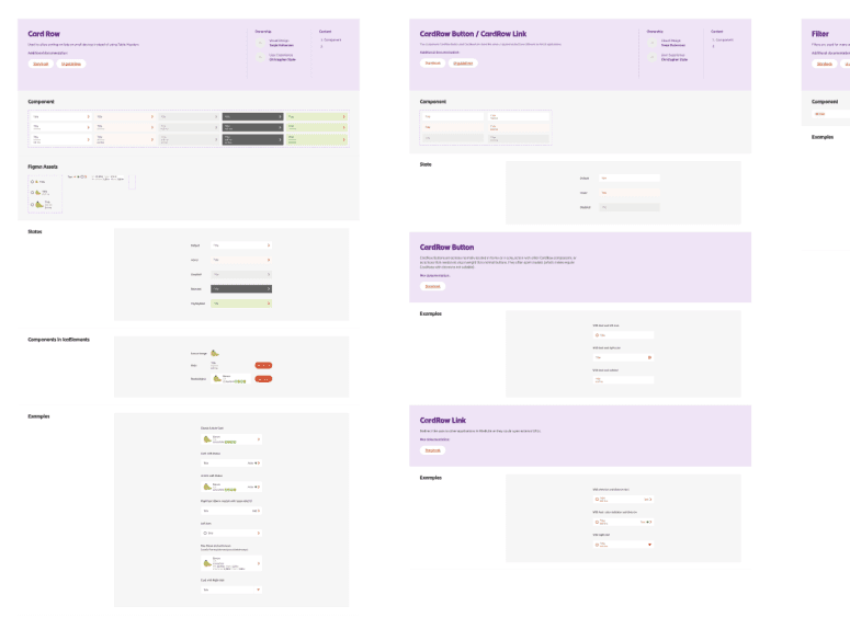 Screenshots of a user interface design showing various components in a design system.