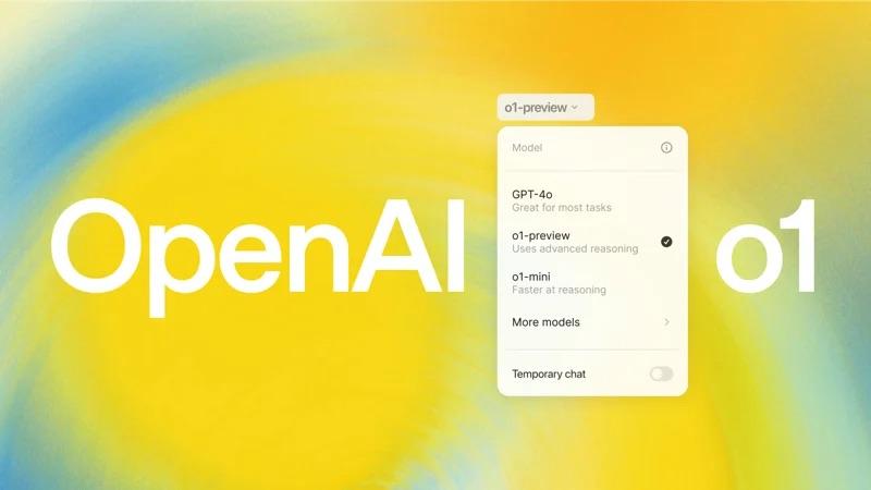 A colorful abstract background with the text "OpenAI o1" is prominently displayed, alongside a dropdown menu showing options related to different AI models