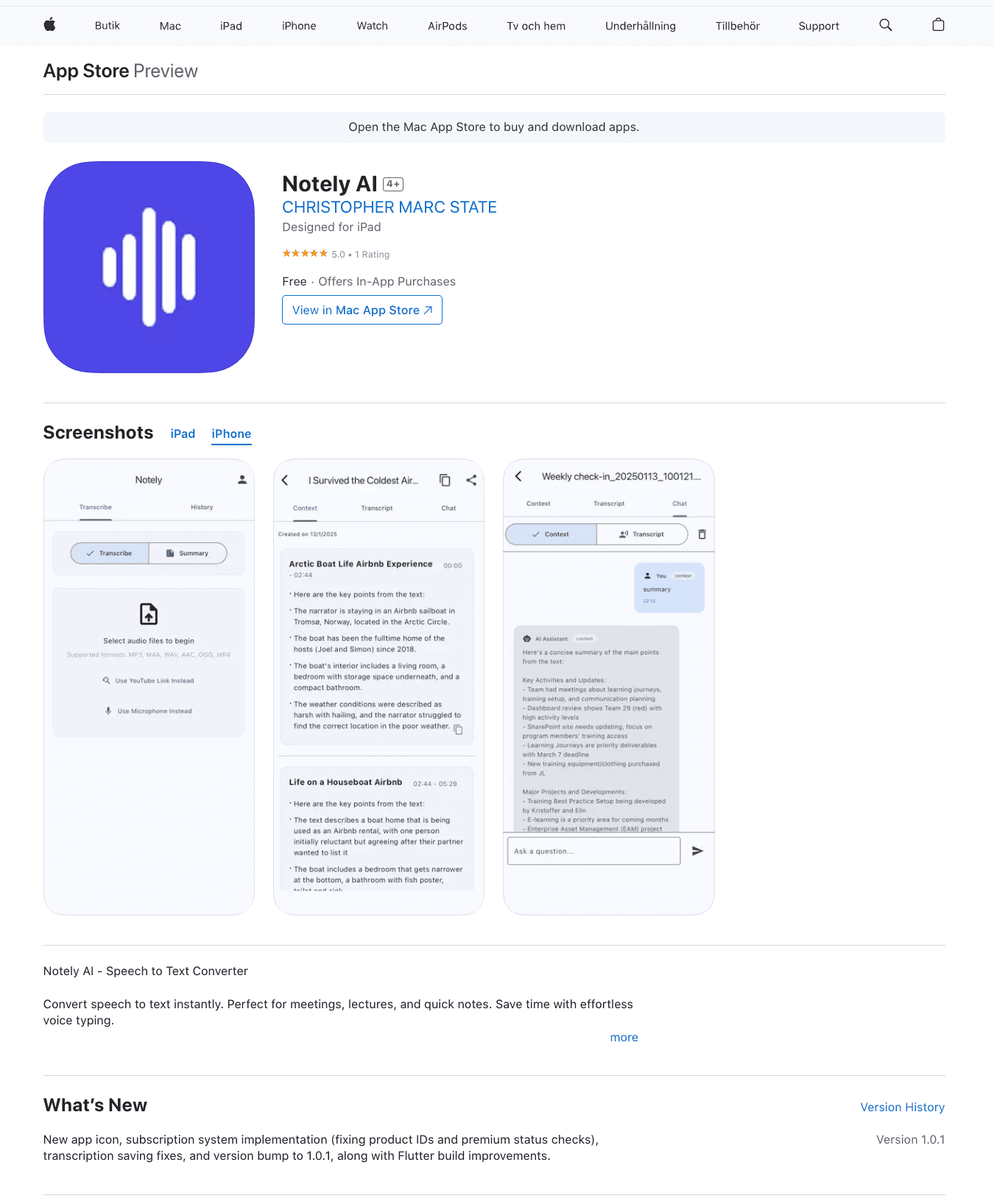 A screenshot of the Notely app page showing its purple sound wave icon and interface preview with note-taking features and text editing capabilities.