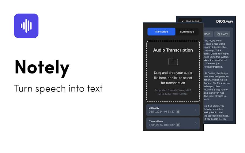 Purple app icon showing audio waveform next to screenshot of Notely's audio transcription interface with dark mode settings and menu options.