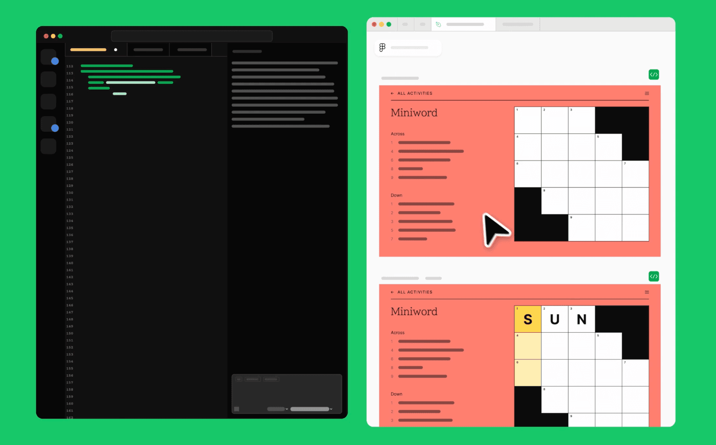 A split screen shows a coding interface on the left and a crossword puzzle interface on the right, with a highlighted word "SUN" being filled in. The background is bright green.