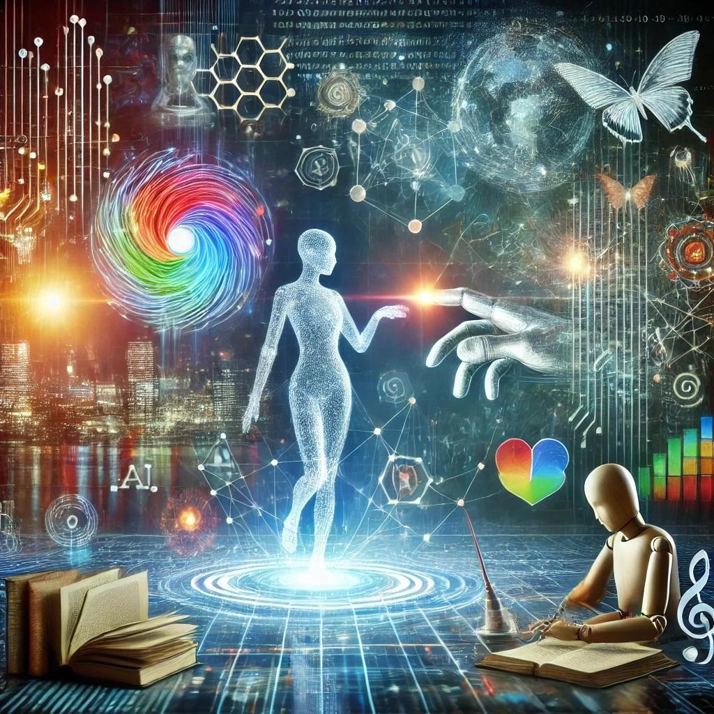 A glowing, translucent figure stands at the center of a vibrant, abstract background filled with symbols of science, nature, and art, including books, music notes, and butterflies. The scene conveys a sense of creativity and interconnectedness.