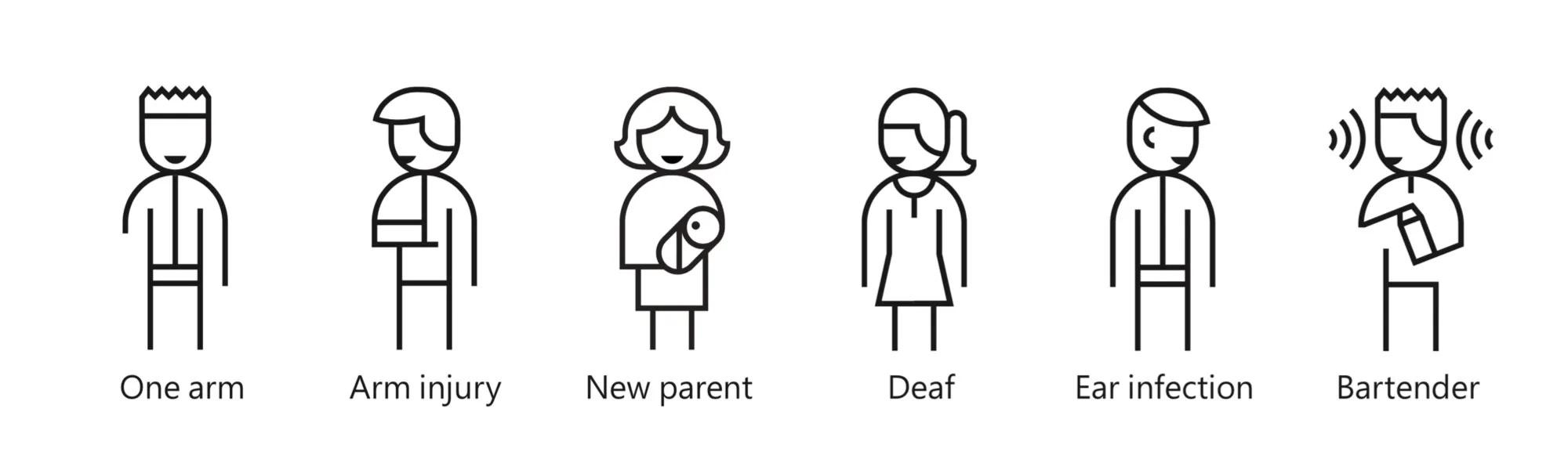 A set of minimalist line drawing icons representing diverse conditions and situations: A person with one arm, someone with an arm injury, a new parent holding a baby, a deaf individual, a person with an ear infection, and a bartender mixing a drink. The icons are simple, stylized representations focusing on the key characteristics of each condition or role.