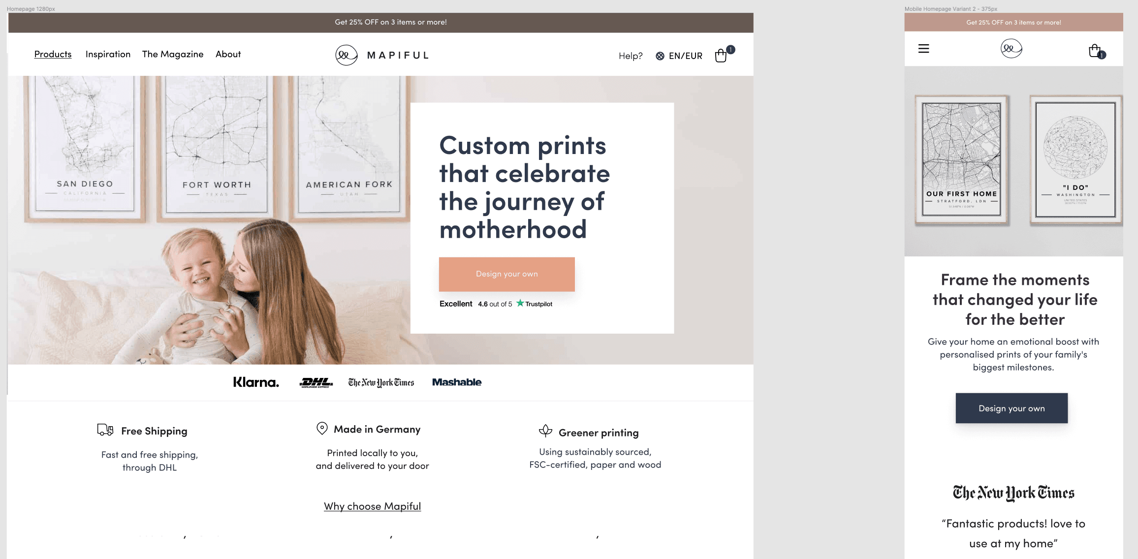 Illustration of a mother holding her child, used as part of an advertisement for custom prints celebrating motherhood.