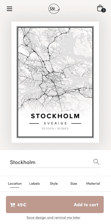 Minimalistic black and white map poster of Stockholm with the city's name and coordinates.